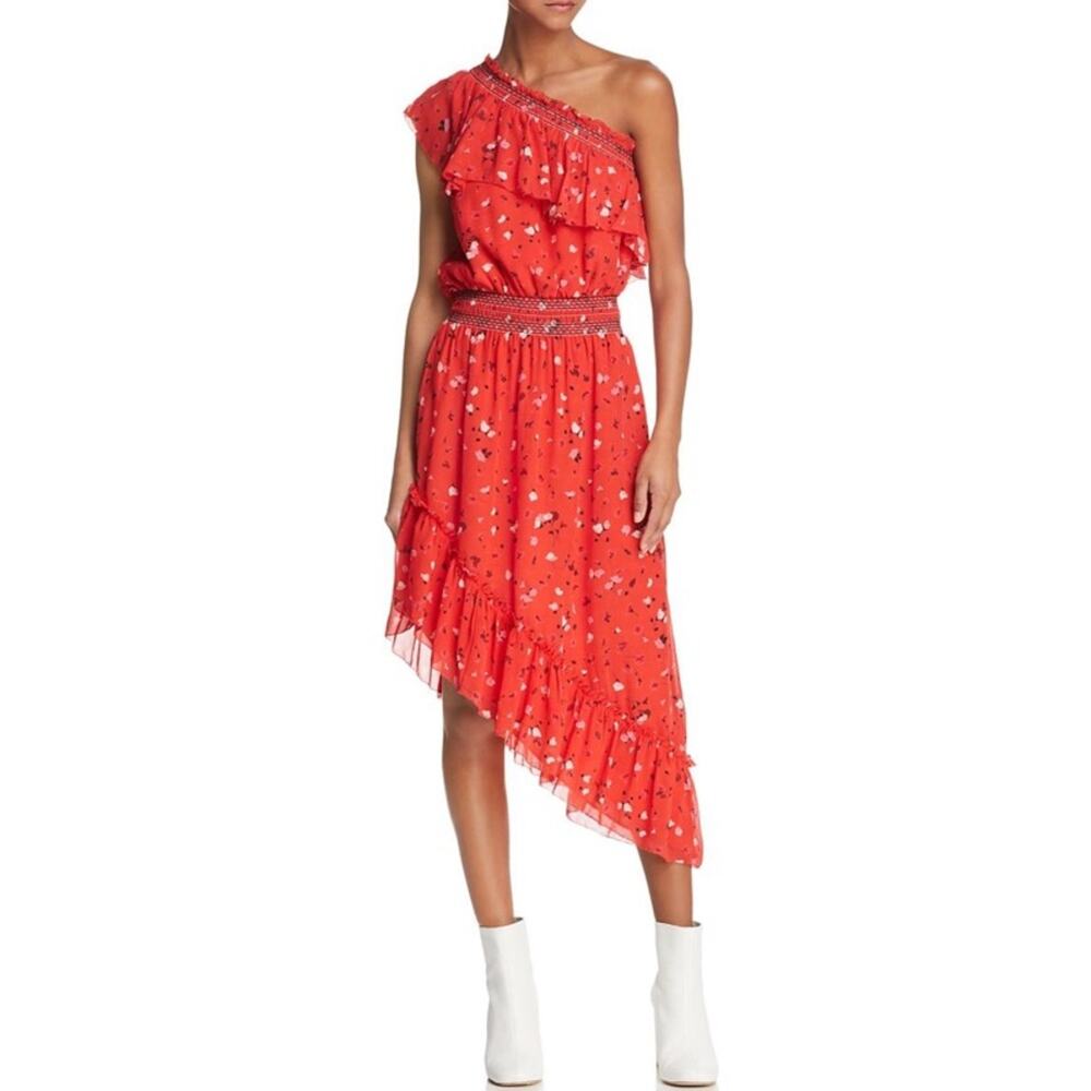 Joie Hafsa One Shoulder Asymmetrical Midi Dress Ruched Patterned sz M